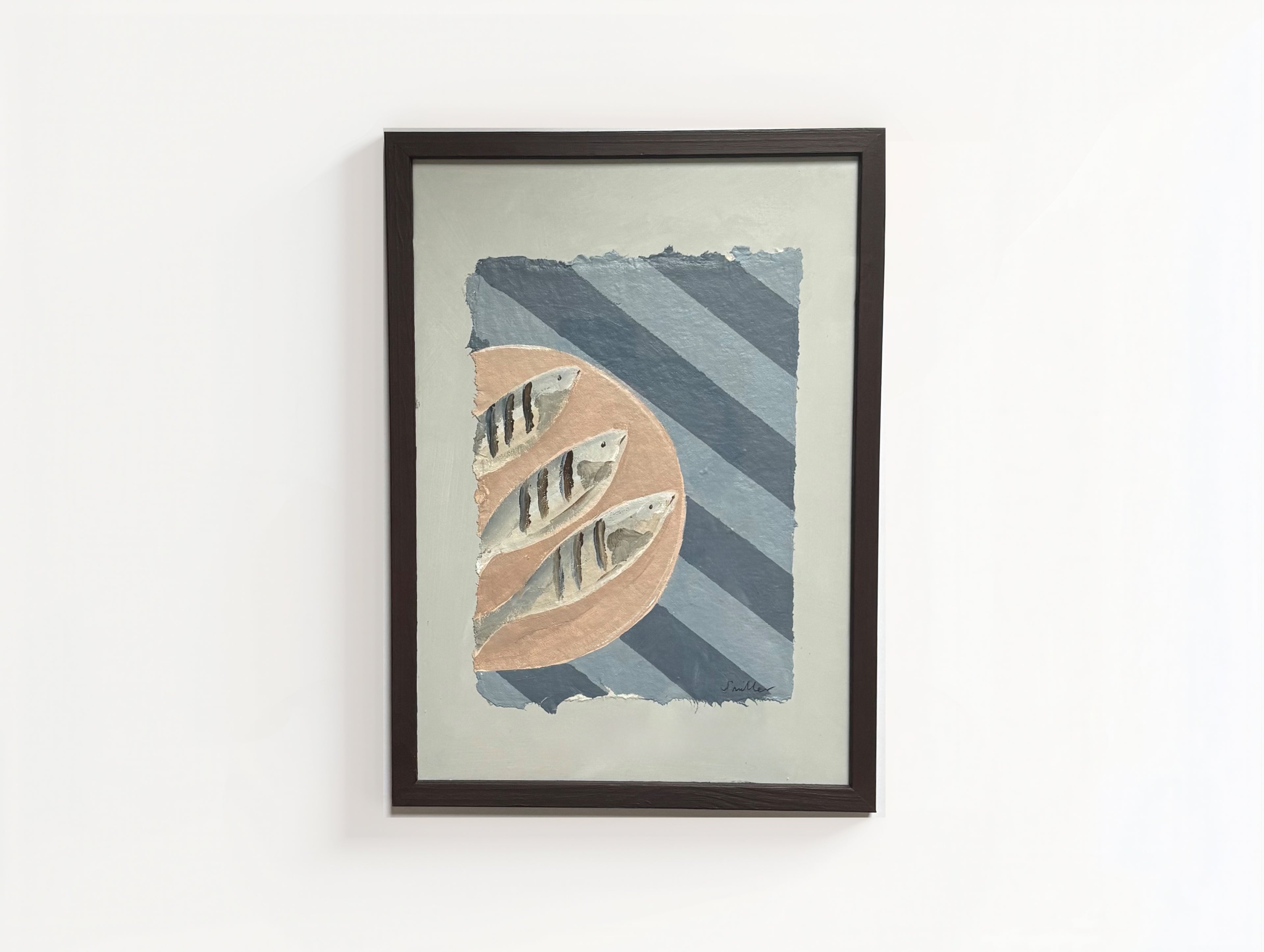 Sardines on blue stripes small original painting